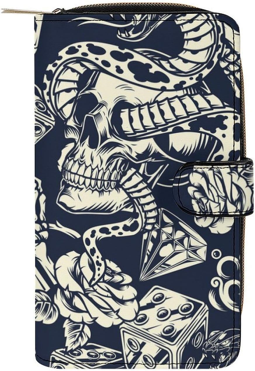 Old School Tattoo Rose Skull Snake Dice Leather Multifunctional Wallet, Portable And Large Capacity