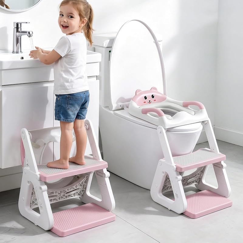Orzbow Potty Training Seat with Step Stool, Toddler Toilet Seat with Ladder | 7 Height Adjustable, Splash Guard, Non-Slip Base, Handles, Stable Triangular Fits Most Toilets, For Kids Boys Girls, Pink