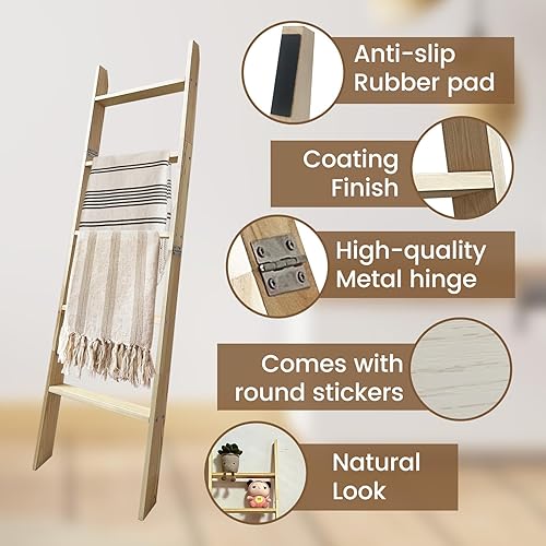 Miniatura 84 de Escalera para mantas, soporte de edredón de madera de 6 niveles, estante decorativo para escalera, estante inclinado, estante de almacenamiento
