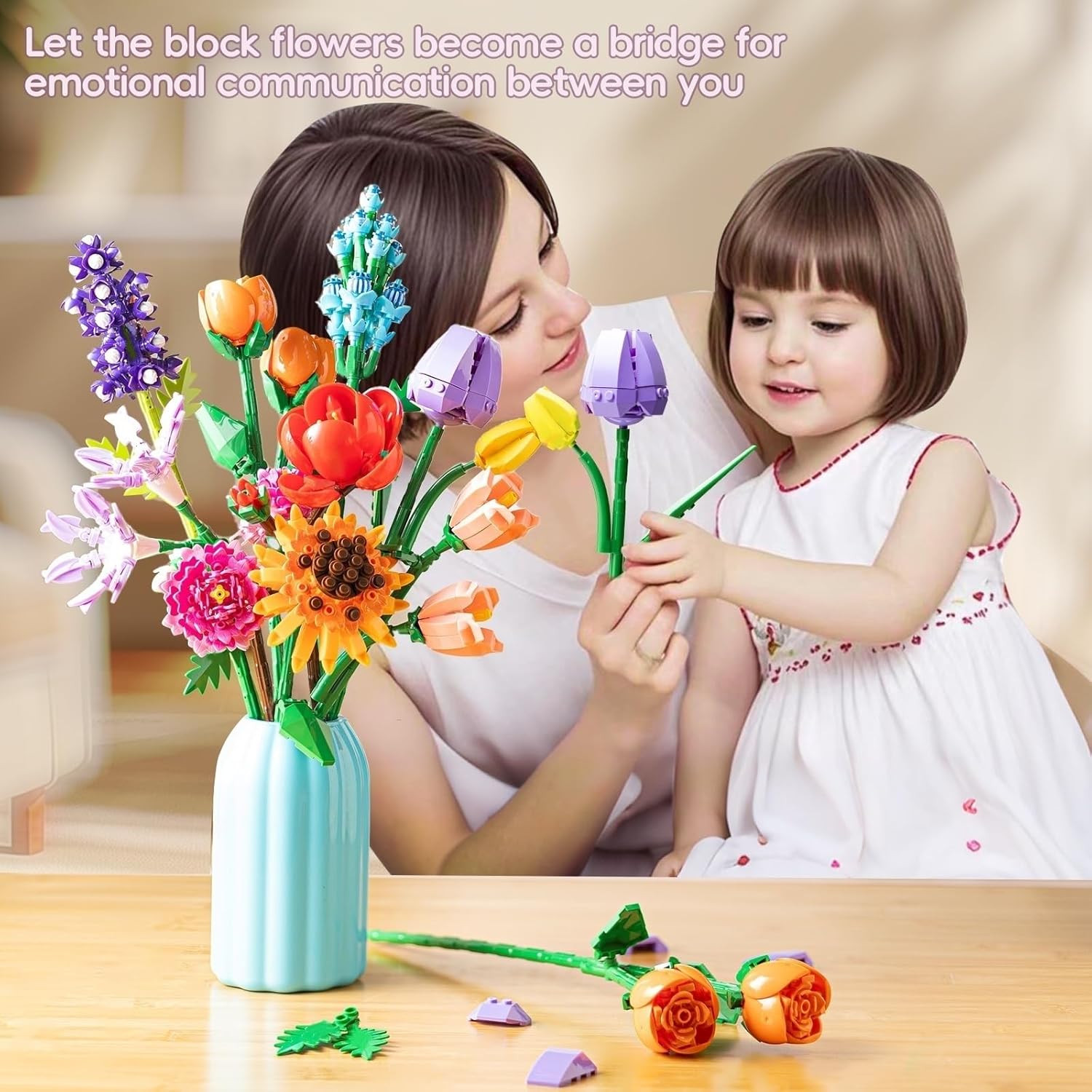 Adult and child interacting with the assembled bouquet