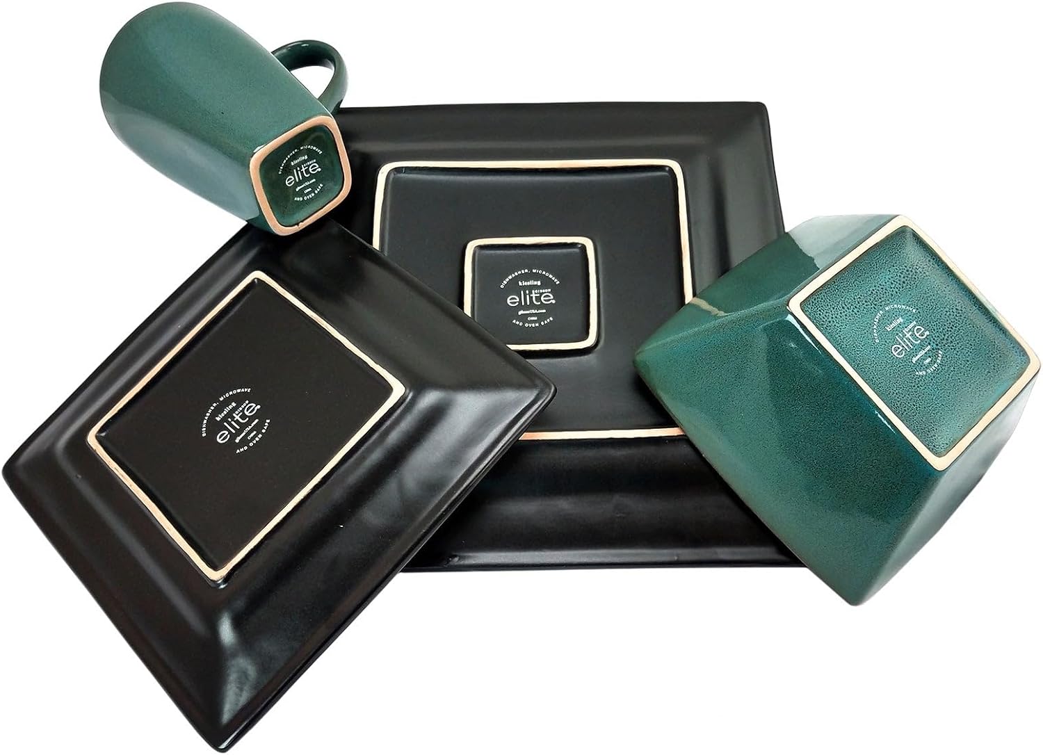 16 Piece Square Dinnerware Set in Dark Teal and Black Blue Solid Modern Contemporary Stoneware Dishwasher Safe