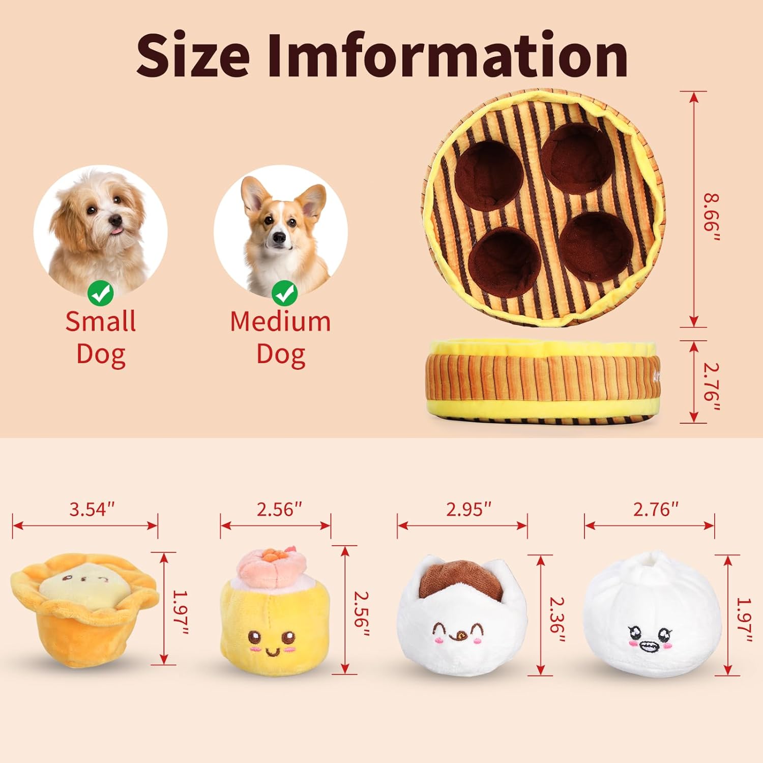 Cute Plush Dog Toys - Dim Sum Steamer Basket Themed Durable Squeaker Chew Toys Set (4 Dumplings) - Hide Treats Puzzle Dog Toy for Small Medium Size Dogs (4 Dim Sum)