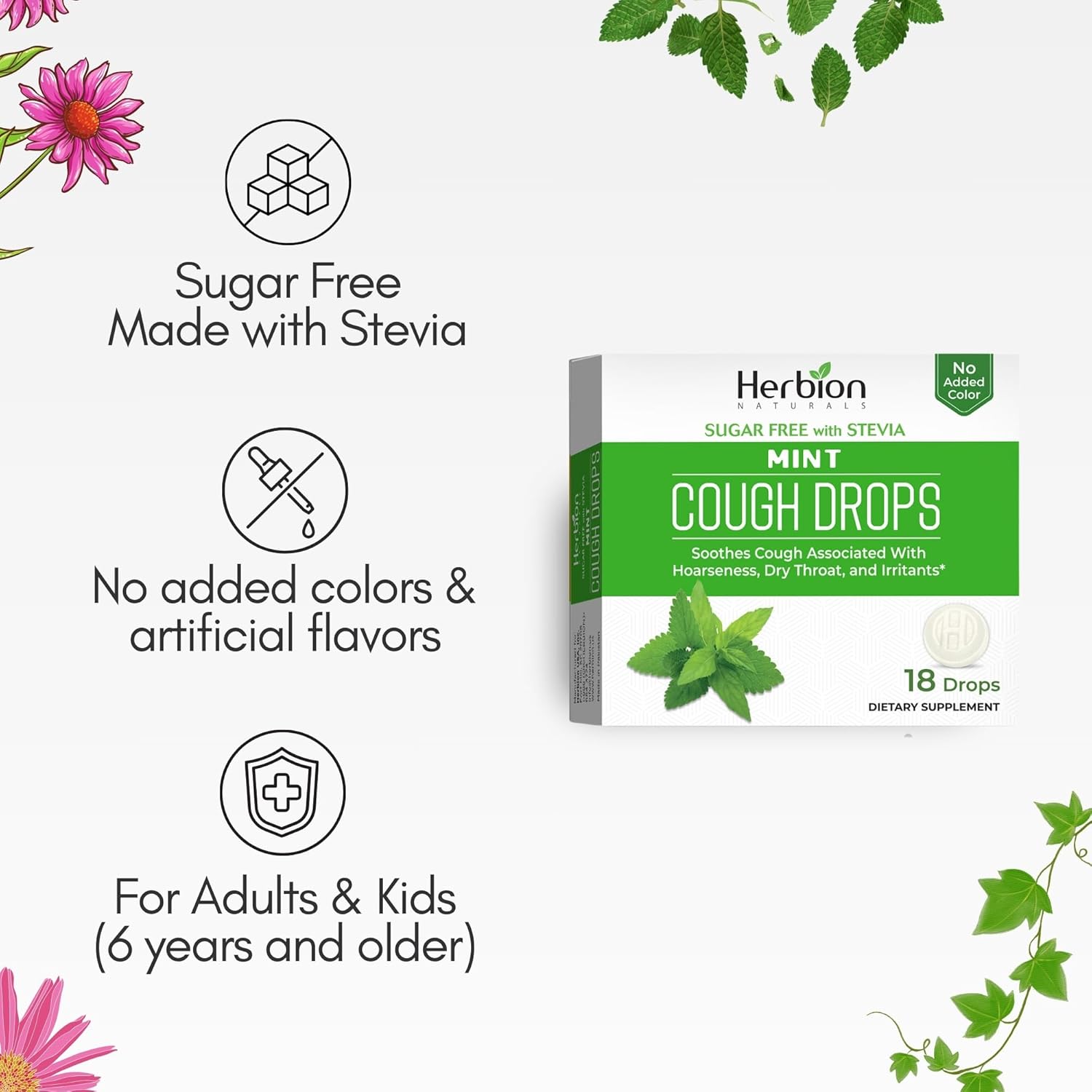 HERBION Naturals Cough Drops, Sugar-Free with Stevia, Dietary Supplement, Soothes Cough, for Adults & Children Over 6 Years, 18 Drops Each, 108 Count, Mint, Pack of 6