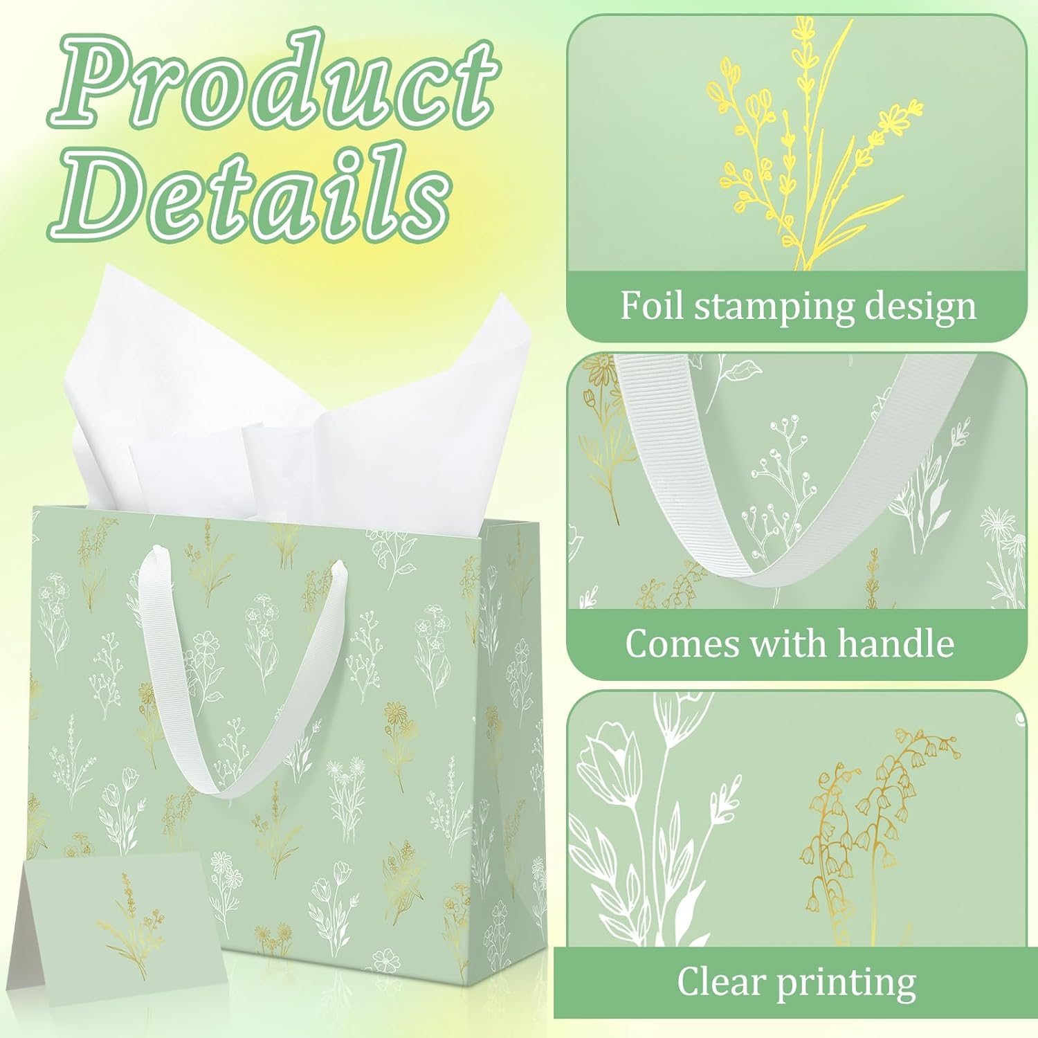 Geyoga 15 Set Green Gift Bags with Tissue Paper and Greeting Card 12'' Thank You Present Party Favor Large Sage Green Gift Bags with Handles for Employee Birthday Wedding Mothers Day Anniversary