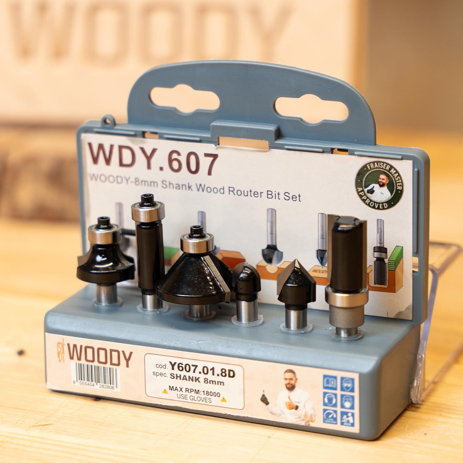 WOODY by Fraiser - Set di 6 frese per legno con gambo da 8 mm per rifilare, scanalare, smussare e raggiare - per fresatrice verticale e rifilatore