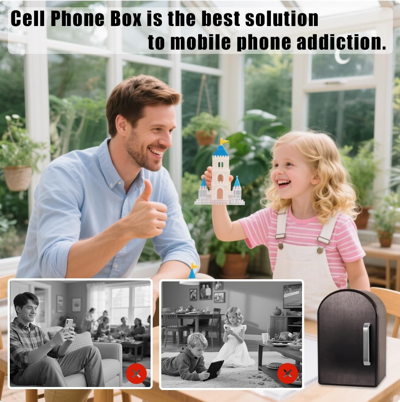 Premium Phone Box for Family Time, Bamboo Wood Cell Phone Jail, Home Decor Box Holds Up to 12 Phones, Telephones Holder Storage to Help Kids & Adults Focus Back, with Charging Holes, Black