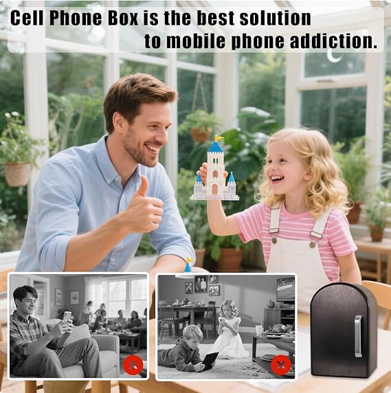 Premium Phone Box for Family Time, Bamboo Wood Cell Phone Jail, Home Decor Box Holds Up to 12 Phones, Telephones Holder Storage to Help Kids & Adults Focus Back, with Charging Holes, Black