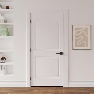 JUBEST 36"x80" Right-Hand Prehung Interior Door with Knock Down Jamb Kit & Matte Black Hinges, Raised 2-Panel Arch Top White Primed Hollow Core Molded Door Slab with Bore & Hinge Cutout, No Handle