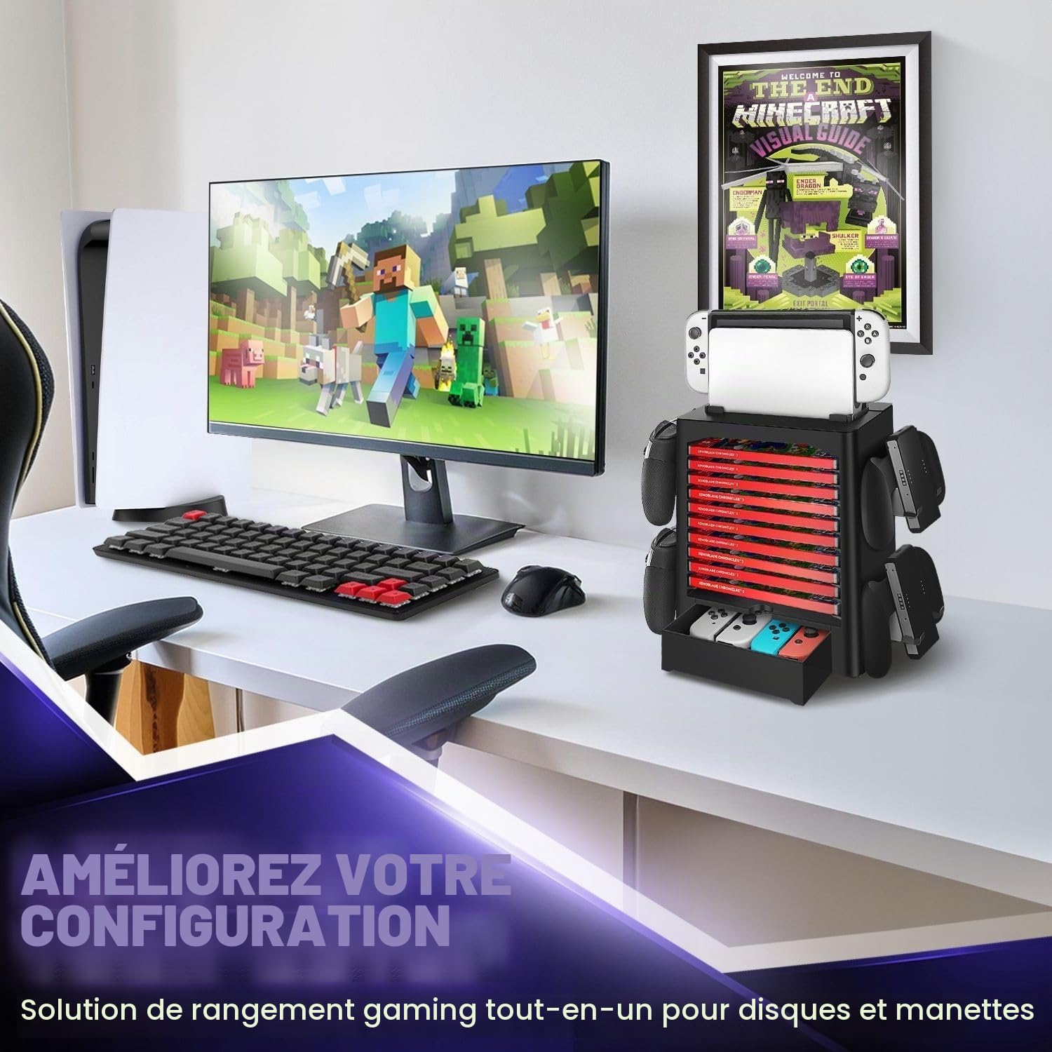 TNP Station de rangement pour Nintendo Switch OLED avec support de station d'accueil, étagère verticale pour 10 boîtiers de jeu, 4 contrôleurs, tiroir Joy-Con, noir