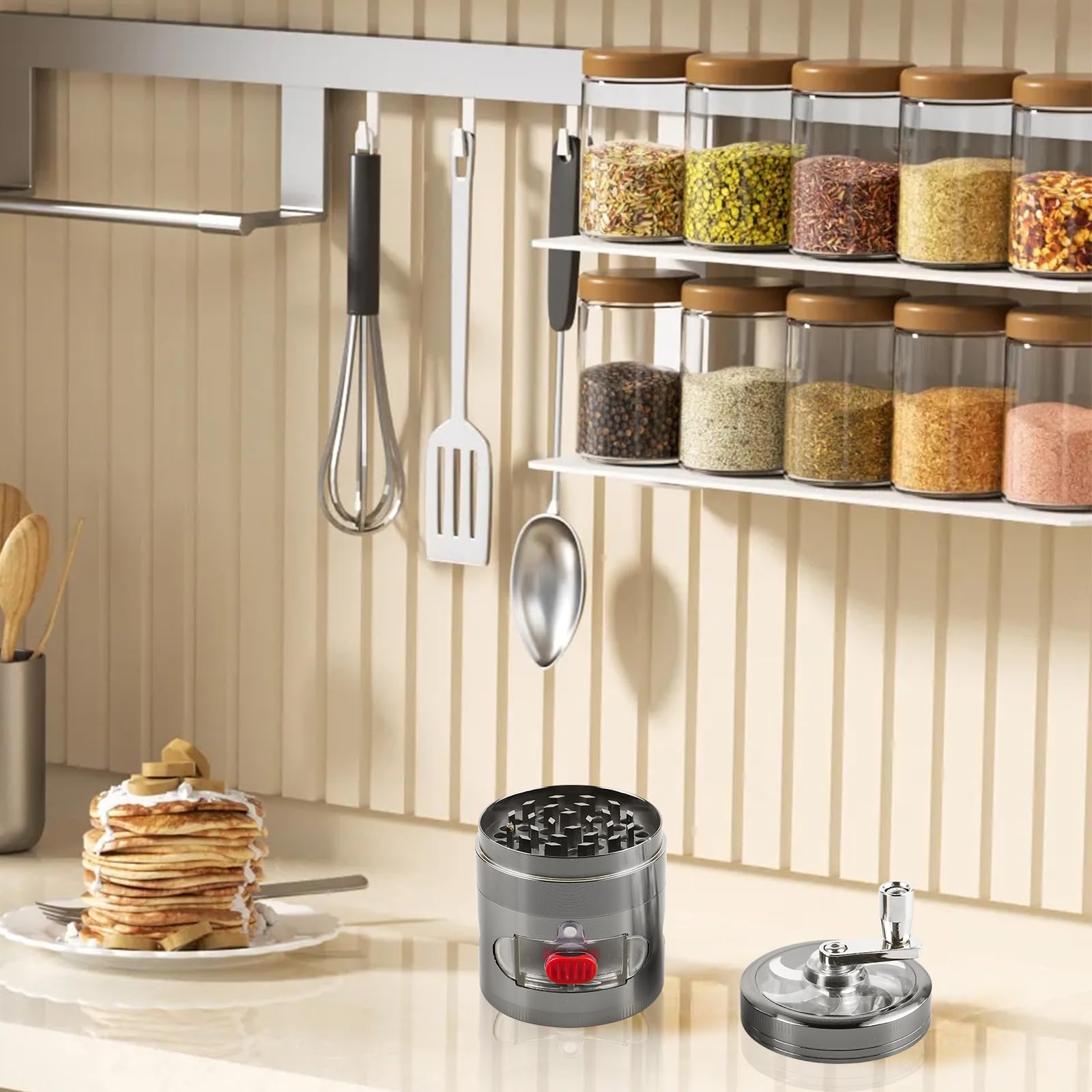 Grinder - Molinillo de especias con manivela, 4 piezas, 63 mm de diámetro, con cajón, aleación de zinc, raspador de polen y tapa magnética para especias, hierbas, hierbas (níquel negro)