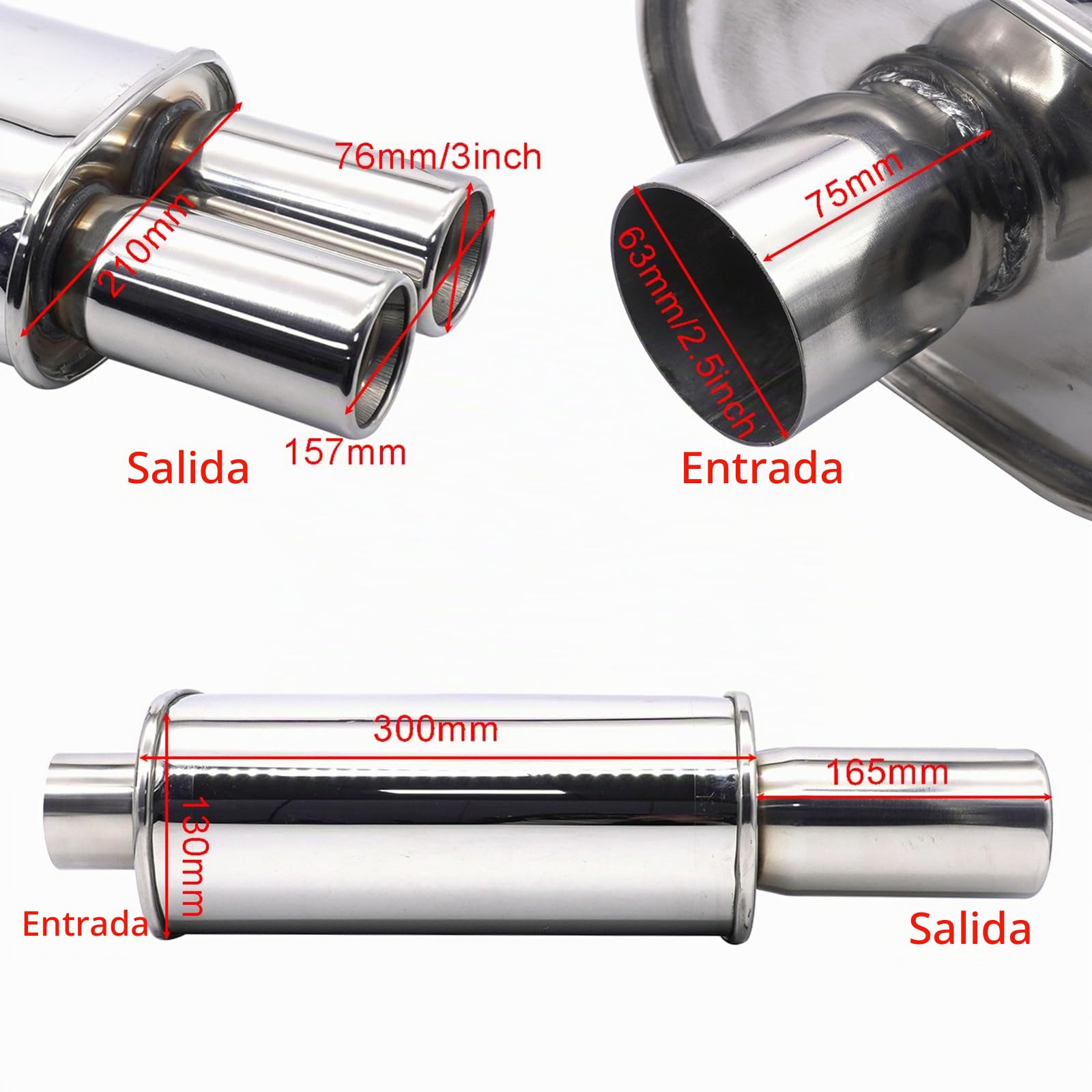 Automóviles Silenciador de Escape Krtopo 2,5 Pulgadas (63MM) Entrada única/3 Pulgadas (73MM) Doble Salida 11,8 Pulgadas (300MM) de Longitud Corporal Ovalada Soldadura de Doble Punta Acero Inoxidable