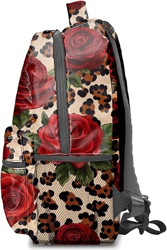 Red Rose Leopard Print Backpack Fashion Daypack, Trendy Laptop Bookbag for Women & Men, College School Bag