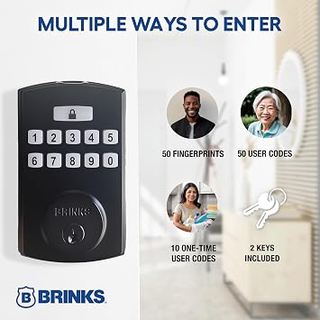 Brinks Fingerprint Door Lock, Keyless Entry Biometric Lock, Electronic Keypad Fingerprint Deadbolt with Auto-Locking, Front Door Lock and Interior Knob Set, Easy Installation, Matte Black