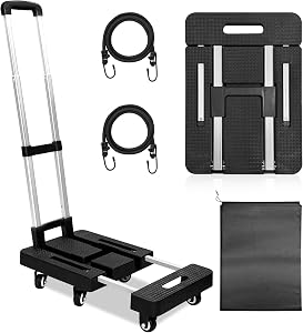 6-Wheel Heavy Duty Foldable Dolly Luggage Cart & Hand Truck, Portable Lightweight Trolley with 2 Elastic Ropes, Car Seat Dolly for Airport Travel
