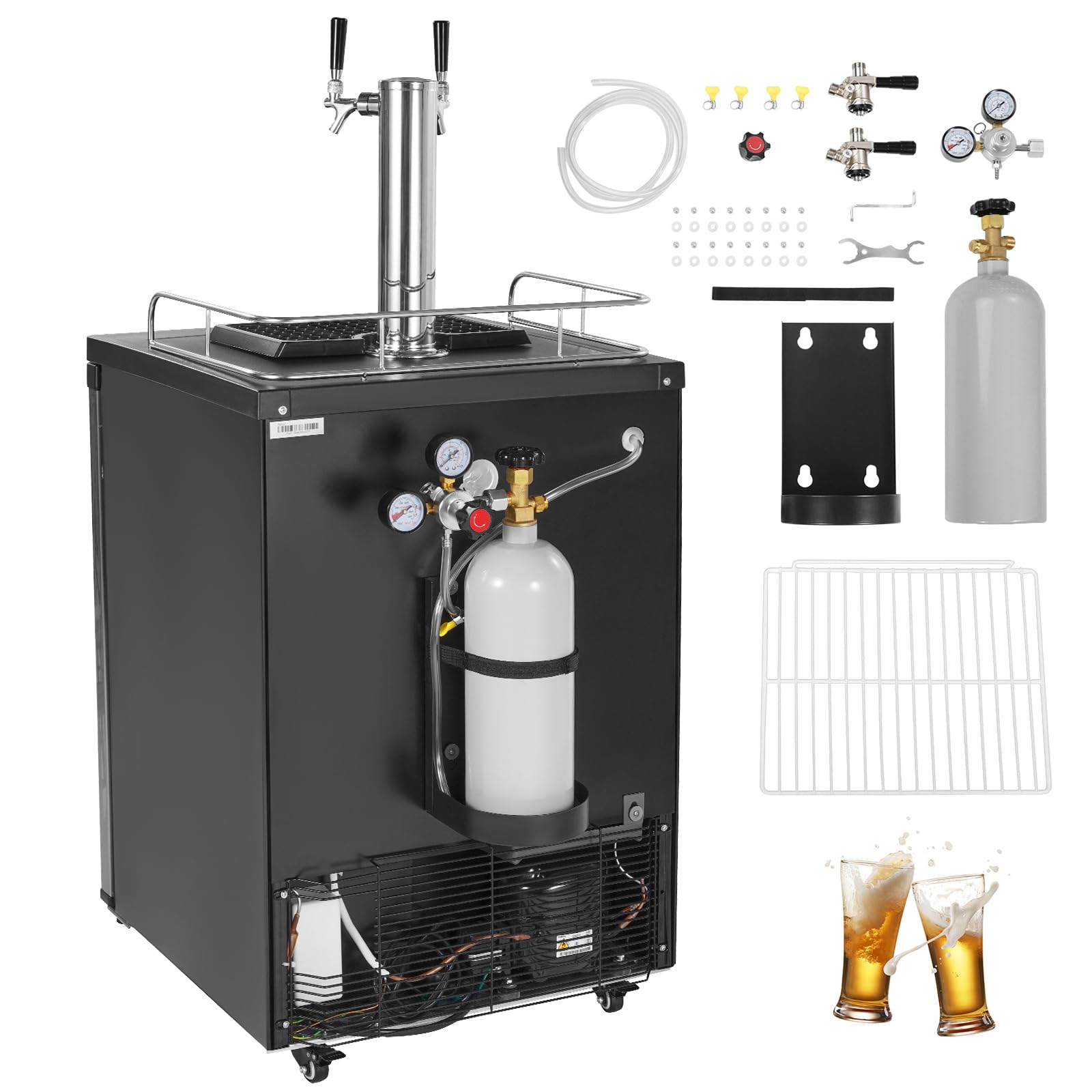 Happybuy Beer Kegerator, 162L Dual Tap Draft Beer Dispenser, Full Size Keg Refrigerator with CO2 Tank, Drip Tray, Temperature Control, Silver | Fridge.com