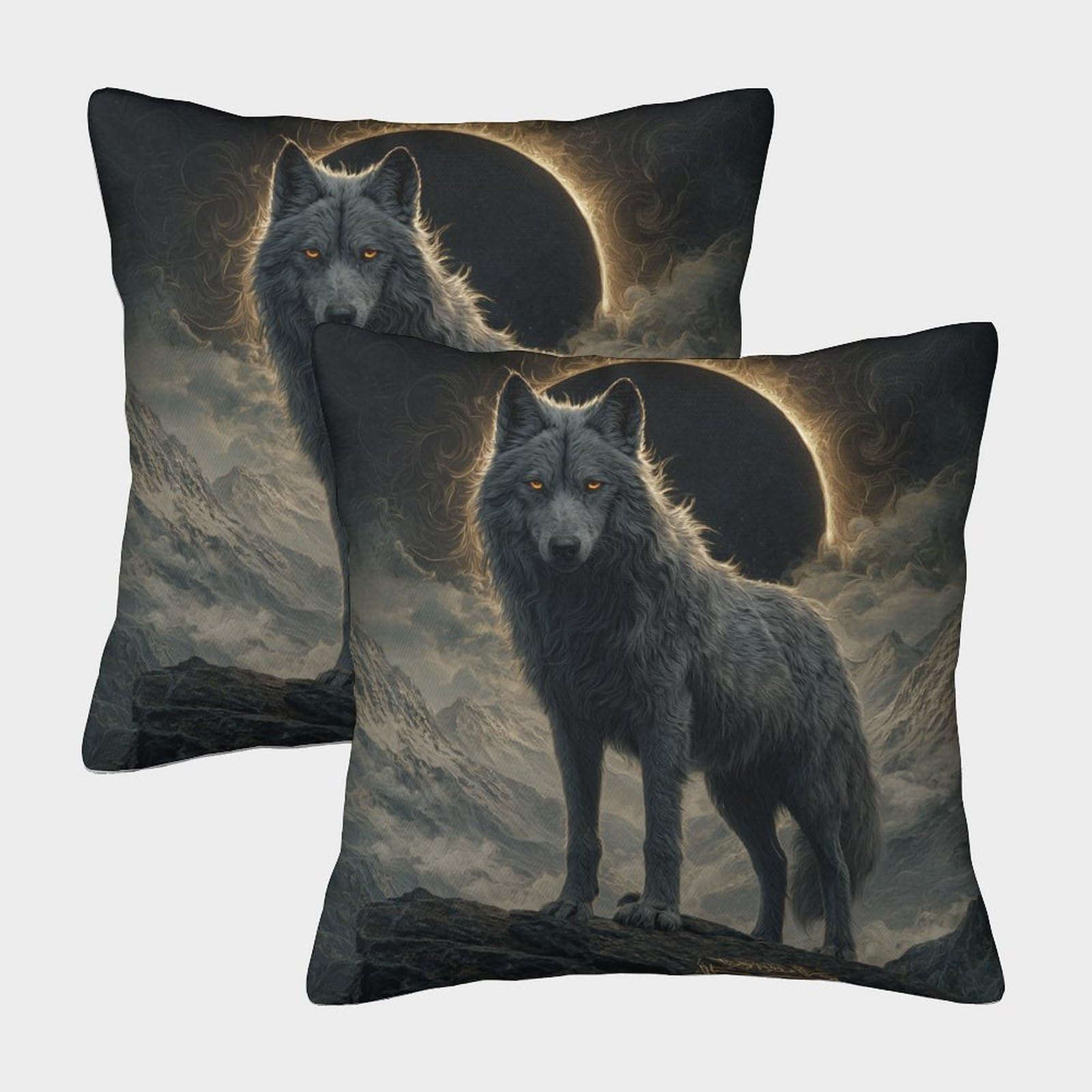 kaiyun 2 Pack 3D Wolves, Solar Eclipse Theme Square Cushion Cover Decoration Pillow Cover Suitable for Home Sofa Bedroom Living Room 50x50cm