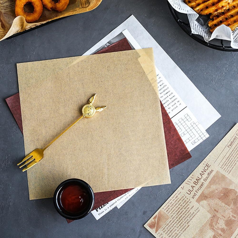 100Pcs Wax Paper Sheets for Food, Basket Liners Food Picnic Paper Sheets Greaseproof Deli Wrapping Sheets, 7 x 7 Inch (coffee)
