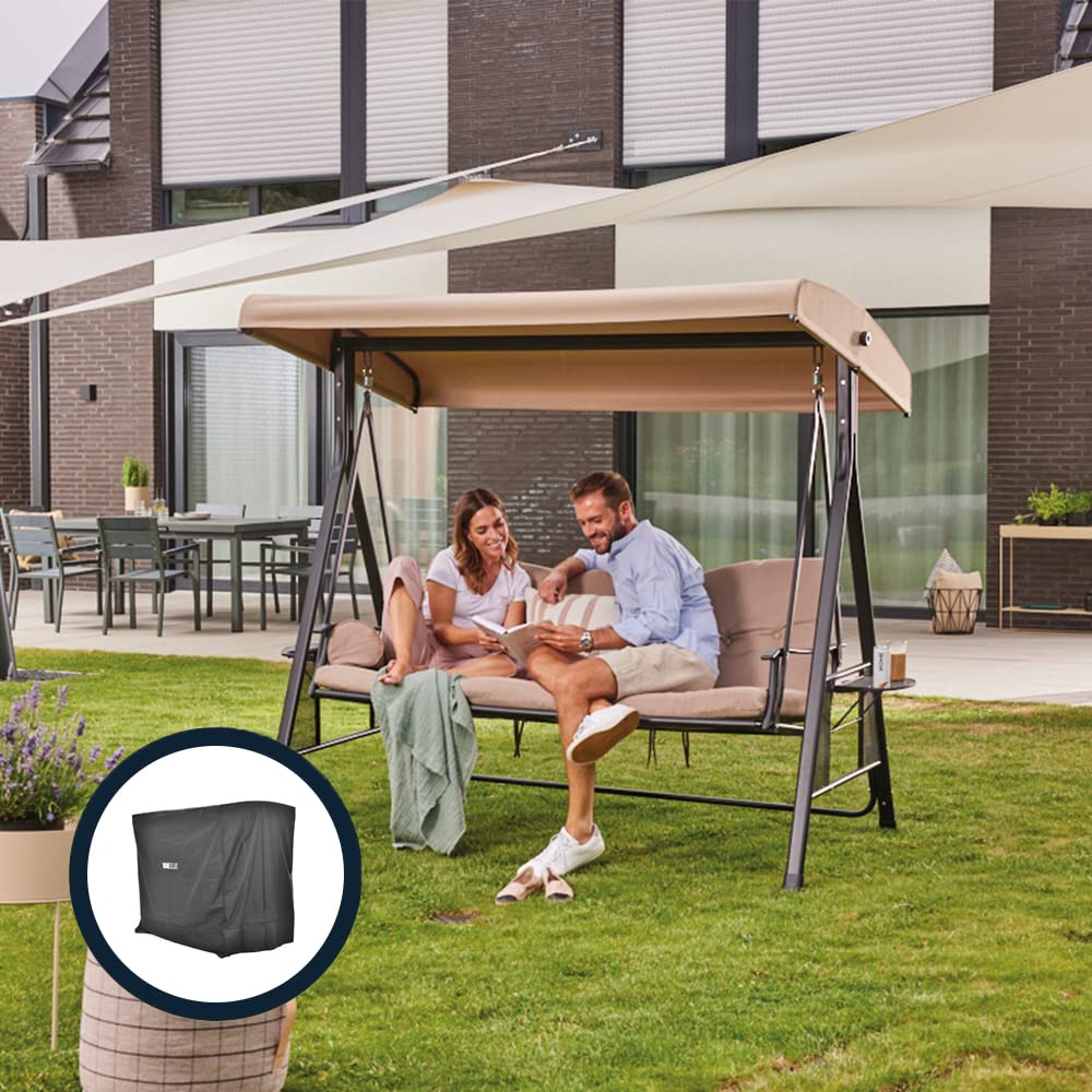 Home Deluxe - Hollywoodschaukel DESCANSO Beige mit Abdeckung - 3-Sitzer, B/H/L 115cm x 195cm x 198cm, inkl. Getränkehalter, Sitz- und Rückenkissen I Gartenliege Gartenlounge Schaukelliege
