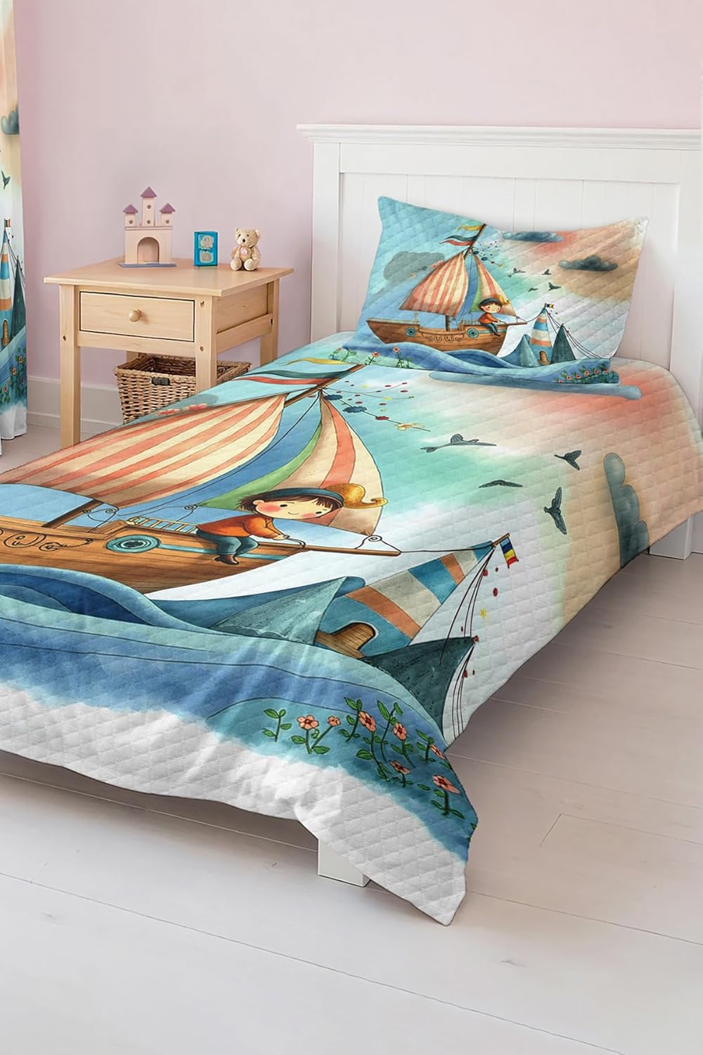 SODEF Bedding Set Sailboat and Cloud Pattern Kids and Teens Room Quilt Set Bedspread, 2 Piece Cotton Polyester Blend - Blue, One Size