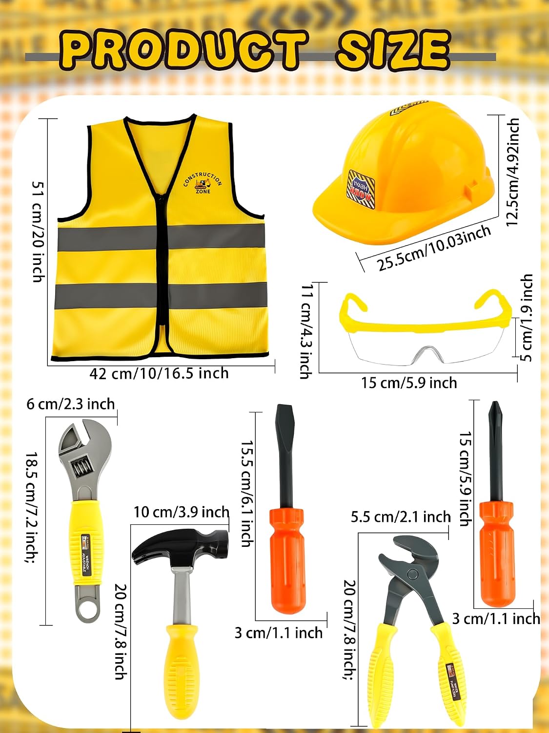 Kids Construction Worker Costume Set Construction Worker Vest and Hat Goggles Tools Construction Role Play Builder Dress Up Accessories for Kids Halloween Birthday Party