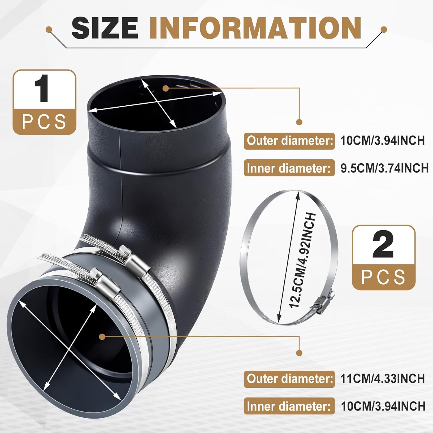 Kingdder 1 Pcs 4" 90 Degree Elbow Dust Collection Hose Fittings Include Connect Elbow and Metal Hose Clamps Rubber Flex Cuff Coupler for Woodworking Dust Collection Fittings Collector Accessories