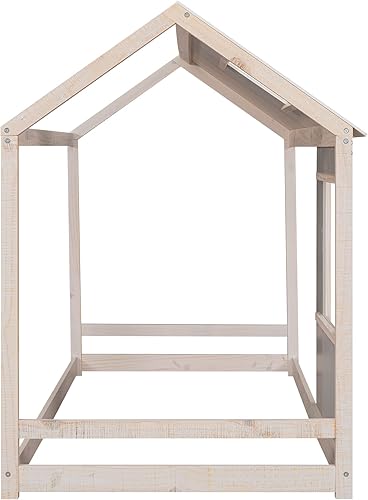 Miniatura 110 de MERITLINE Cama individual para niños, cama individual de madera para niños, cama Montessori con techo y ventana, cama de piso para niños pequeños,