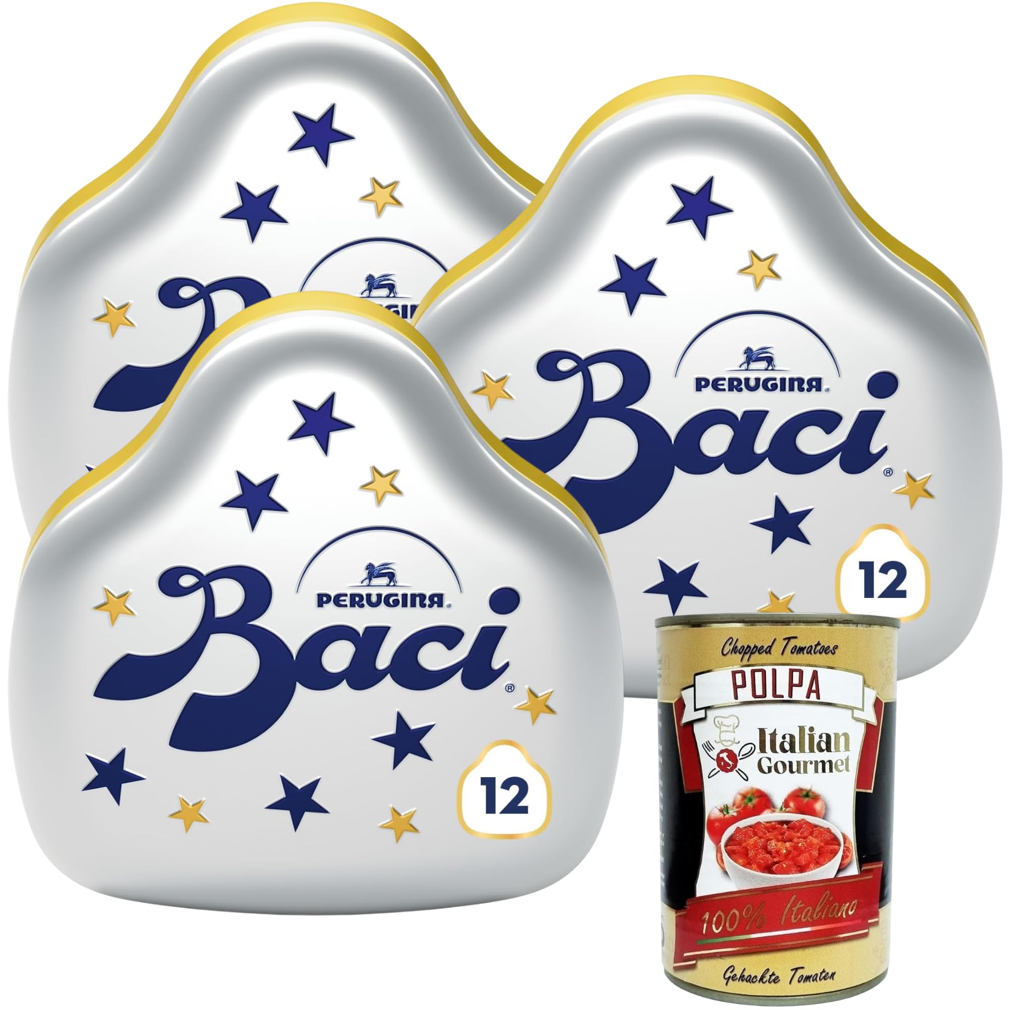 Italian Gourmet Baci Pralinen mit Haselnussfüllung, Zartbitterschokolade mit Gianduia-Füllung, Geschenkdose, 3x150g, 12 Stück+ Italian Gourmet Polpa