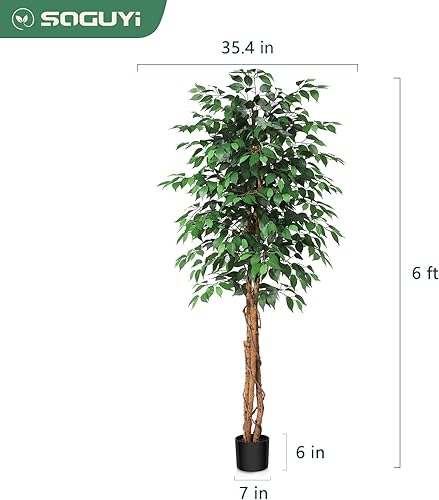 Miniatura 6 de Árbol de ficus artificial de 6 pies con tronco de madera natural, árbol de ficus falso de seda en maceta de plástico para guardería, planta