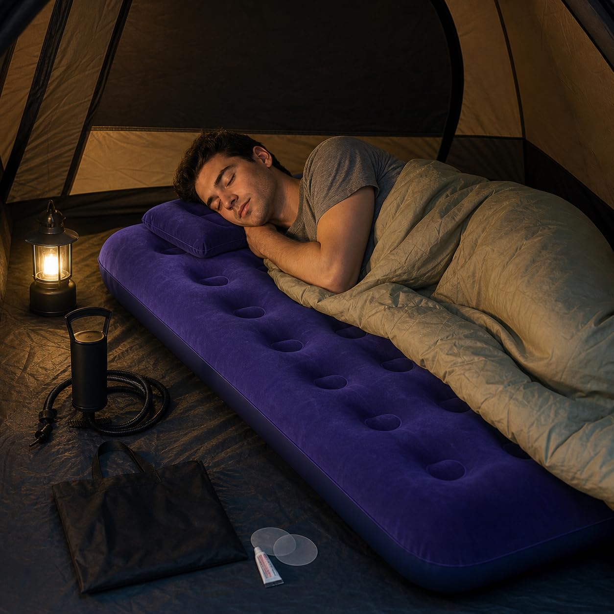 Colchón Inflable Portátil Camping Hogar, Plástico, Doble, Almohada, Bolsa, Material Compuesto, Uso hogar, Exterior, Incluye Bomba Manual, Cama Individual con Bomba eléctrica, 191 * 73 * 22cm