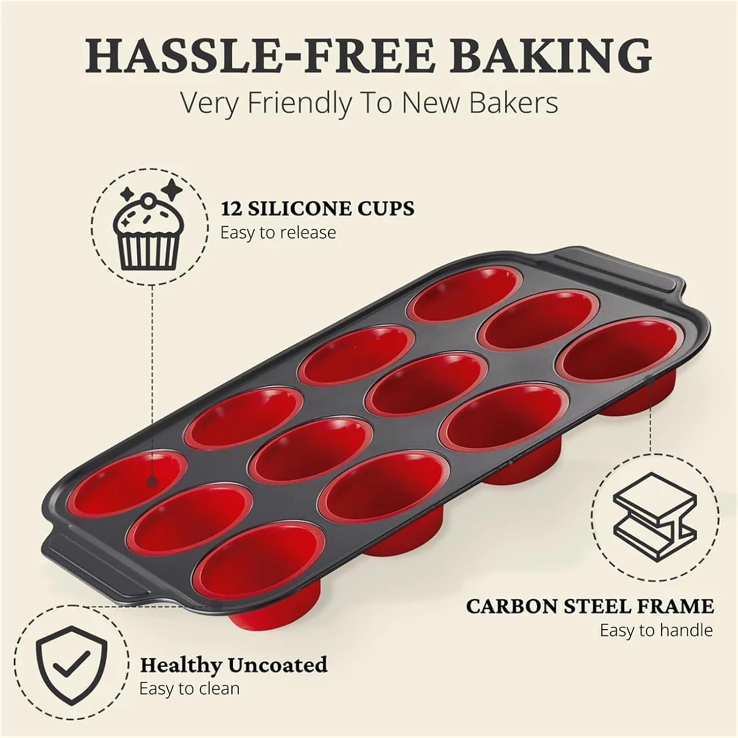12-Cavity Silicone Muffin Pan With Metal Frame, Nonstick Easy Release Baking Tin for Cupcakes & Muffins