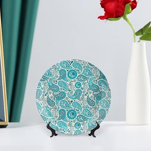 Miniatura 6 de Plato decorativo de 6 pulgadas, artesanía de cerámica turquesa, patrón floral antiguo de cachemira, estampado clásico de Oriente Medio, para colgar