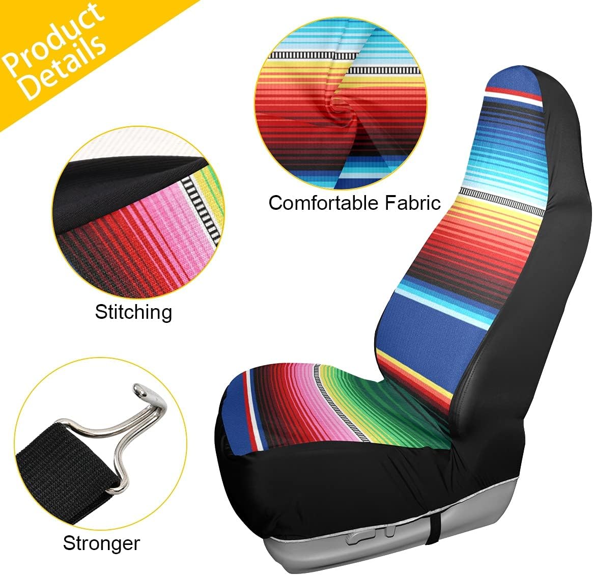 xigua 2 Pack Car Seat Covers Mexican Serape Blanket Stripes Non Slip Automotive Front Seats Cover Protector Decoration Fit for Universal Auto Cars Van Truck SUV