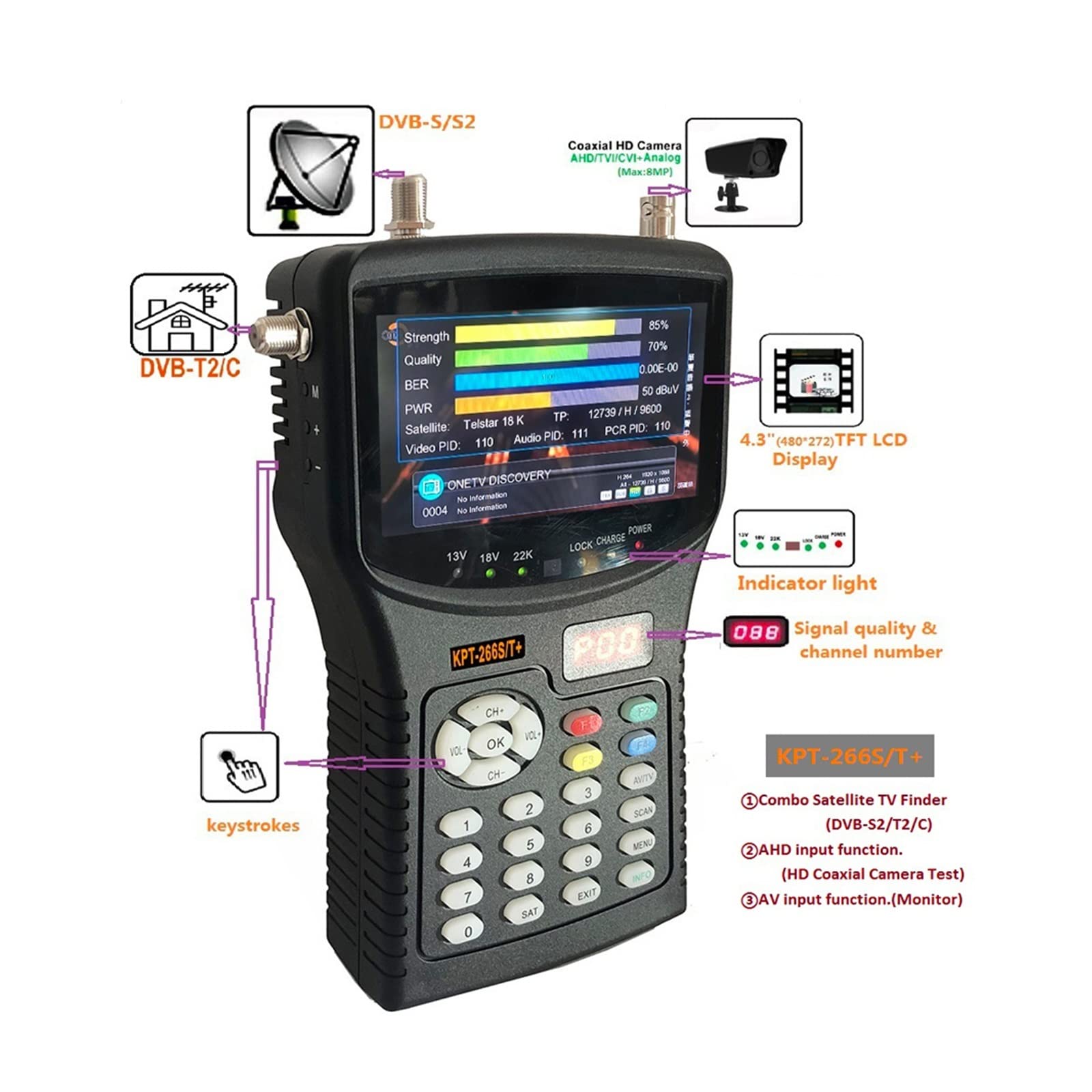 Buscador de SatéLite, KPT-266ST+ plus AHD DVB-S2 T2 -C Medidor de buscador de satélite HD Receptor de TV por satélite Análisis de espectro KPT-717ST(KPT-266ST)