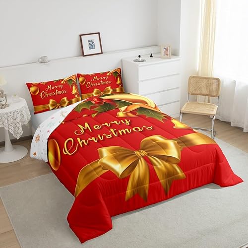 Miniatura 2 de Erosebridal Juego de edredón de Feliz Navidad, tamaño Queen para niñas y mujeres, juego de ropa de cama con lazo dorado con purpurina y diseño de