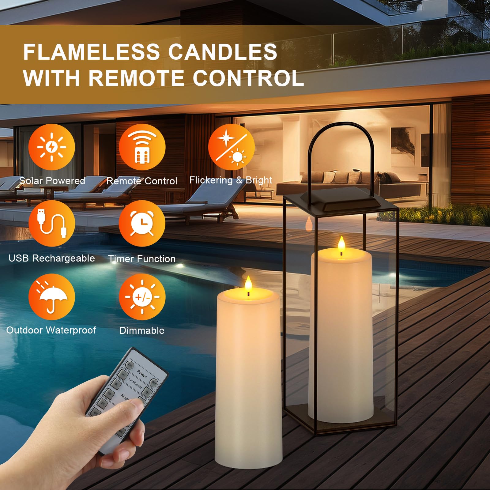 SoulBay 25 cm Grandi Candele LED Luci Solari Ricaricabili da Esterno Fiamma Tremolante con Telecomando e Timer per Lanterne da Giardino Camera di Casa Decorazioni Natalizie Halloween, 2 Pezzi