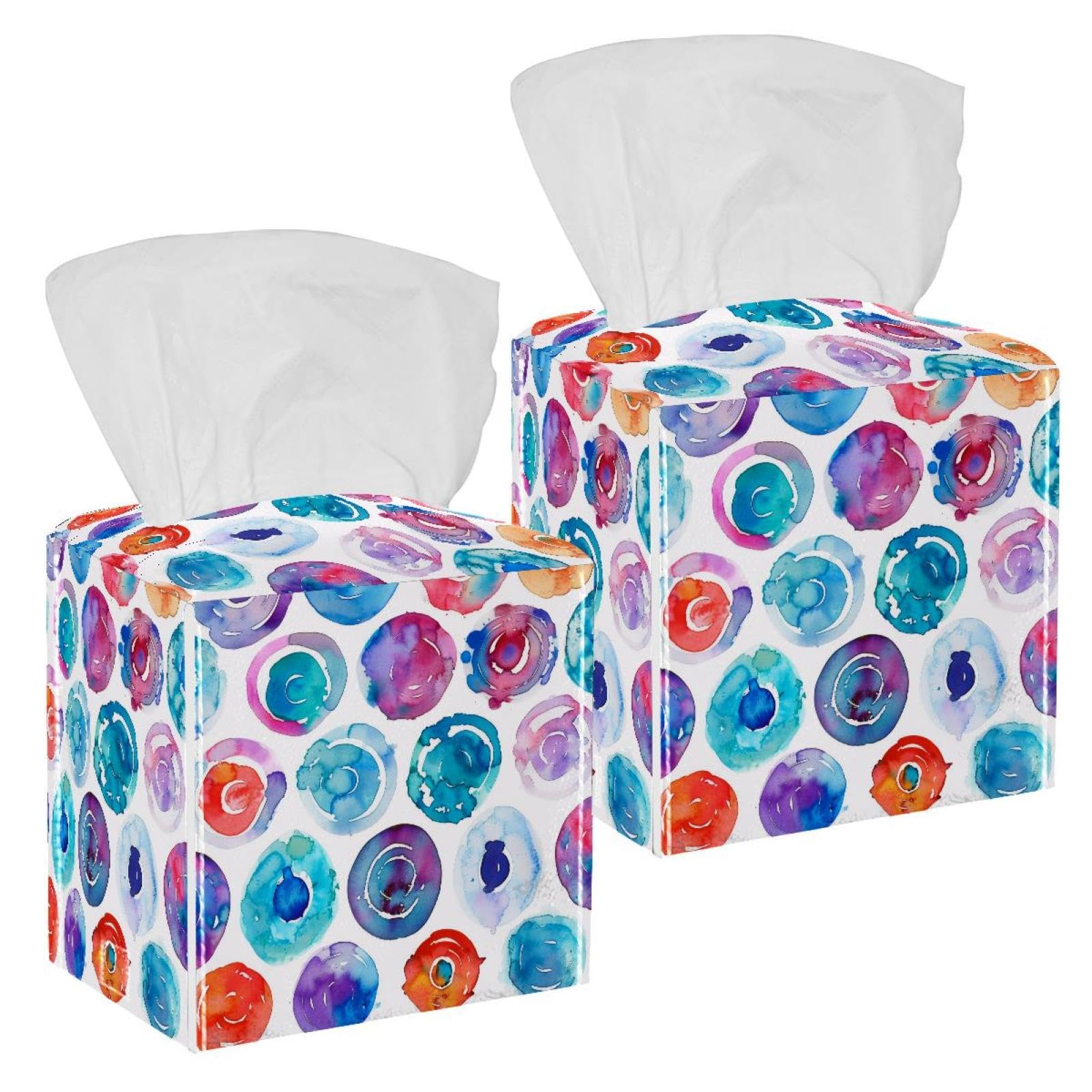 Circles Watercolor Tissue Box Cover, 2 Pack PU Leather Square Facial Tissue Dispenser Box holder for Home Office Car