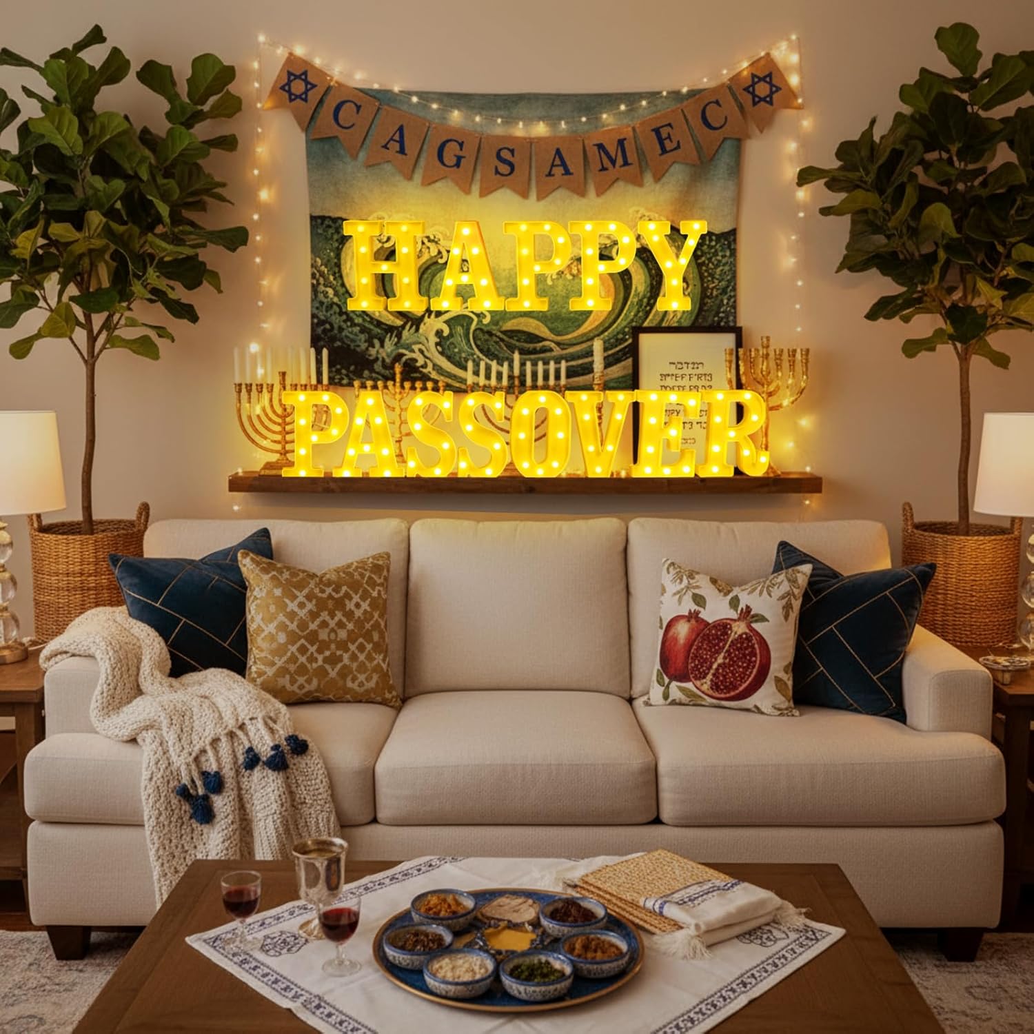 13 Pcs Happy Passover Large LED Letter Sign LED Lights Battery Powered Table Decoration for Party Gift Tabletop Decoration