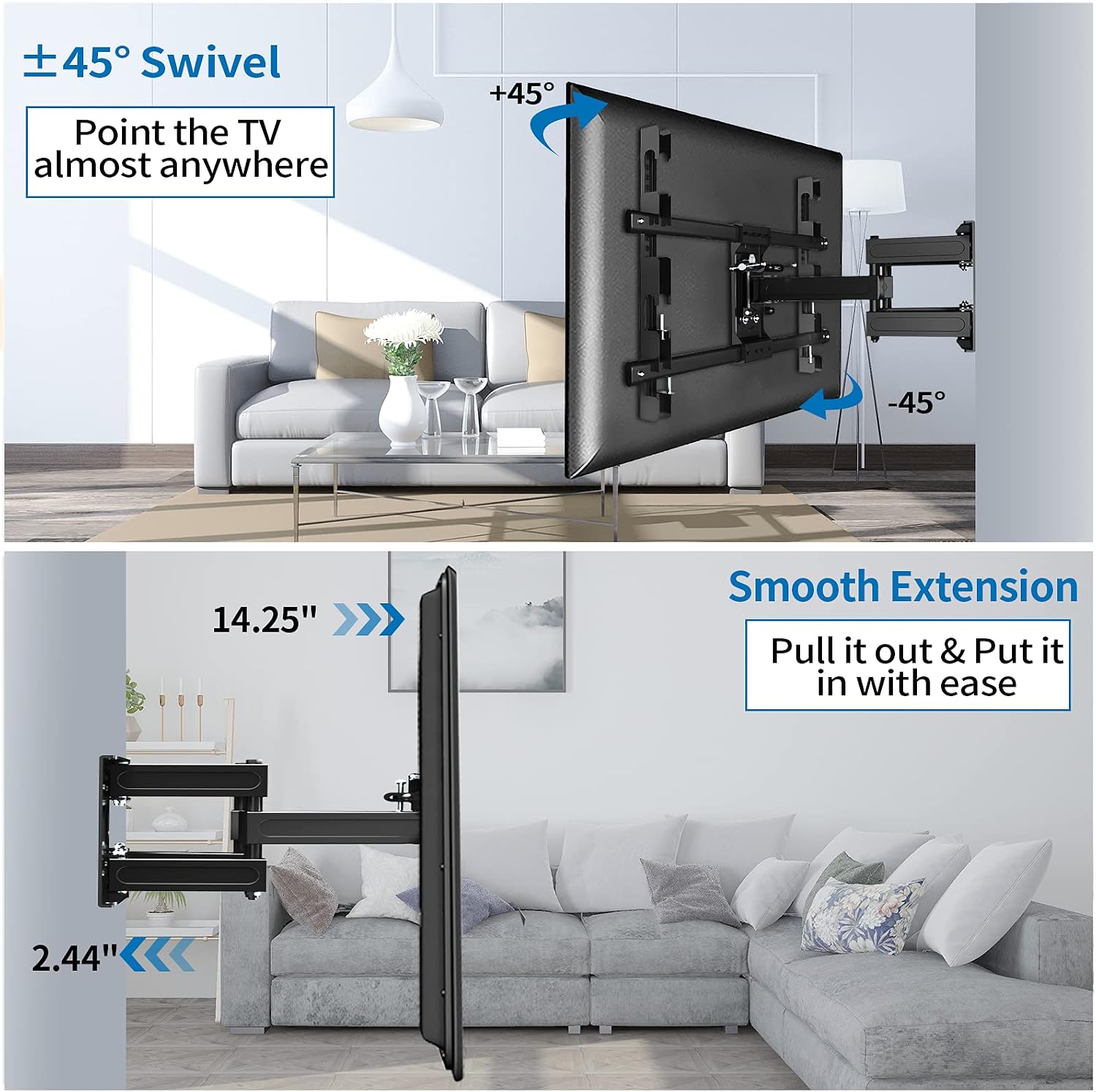 Full Motion TV Wall Mount with Height Setting JUSTSTONE TV Mount for Most 37-82 Inch Flat Curved TVs,TV Bracket Dual Articulating Arms Swivels Tilts Rotation Holds up to 121lbs, Max VESA 600X400mm