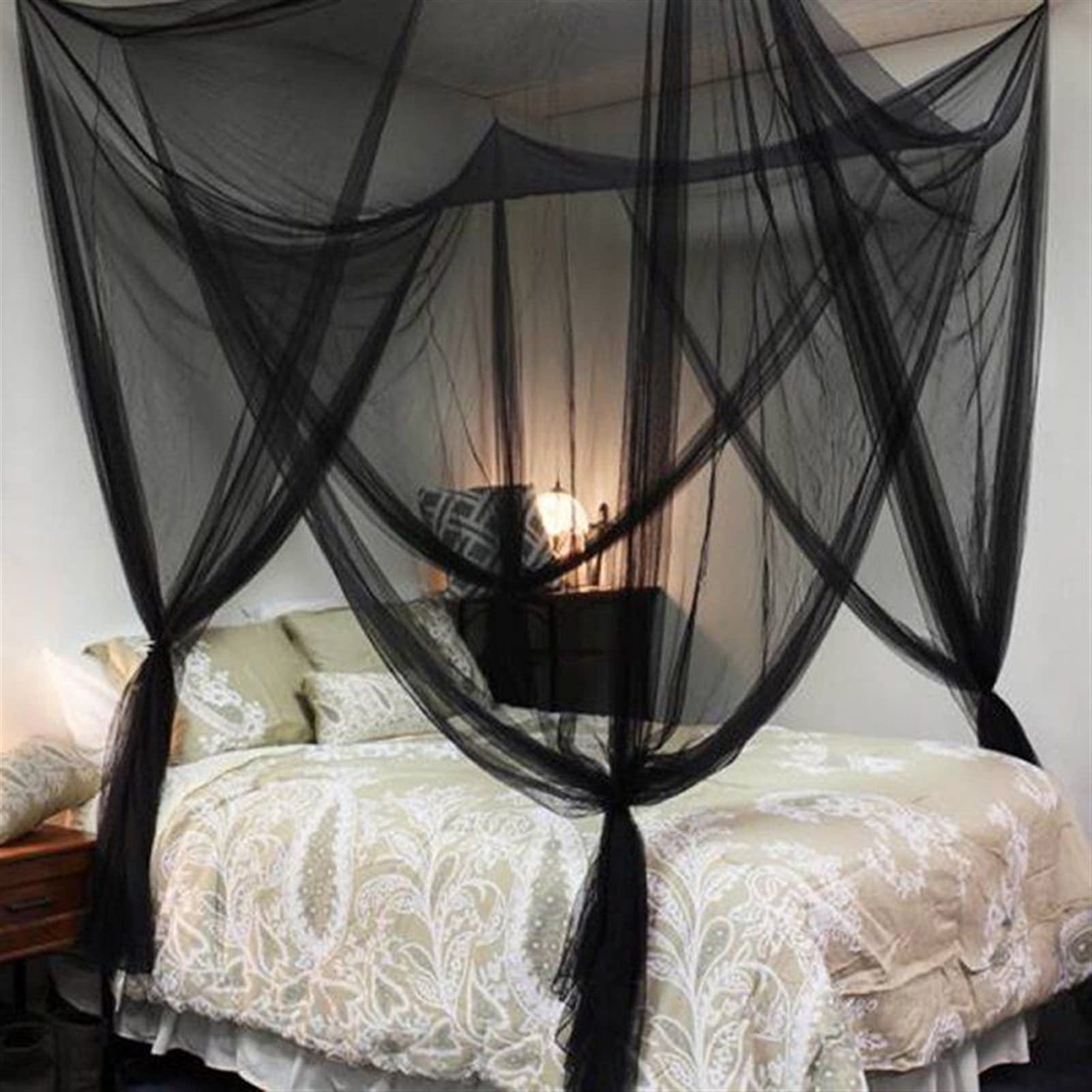 Mosquiteras para cama king con cuatro puertas de encaje y dosel elegante color C