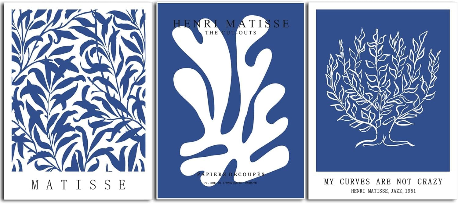 lianyibo Henri Matisse, niebiesko-białe abstrakcyjne linie botaniczne, nowoczesny plakat minimalistyczny, dekoracja domu (60 x 80 cm x 3 / rama wewnętrzna)
