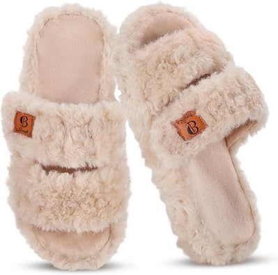 Ibeauti Womens Fuzzy Slippers Memory Foam Adjustable Open Toe Slide Comfy House Shoes for Indoor Bedroom