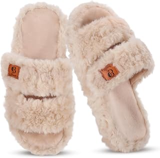 Ibeauti Womens Fuzzy Slippers Memory Foam Adjustable Open Toe Slide Comfy House Shoes for Indoor Bedroom
