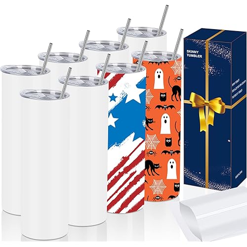 8 Pack Straight Sublimation Tumblers Set 30 Oz Skinny, Stainless Steel Skinny Sublimation Tumbler Blank With Shrink Wrap Film Lid Straw Set,Individually Boxed, Not Tapered