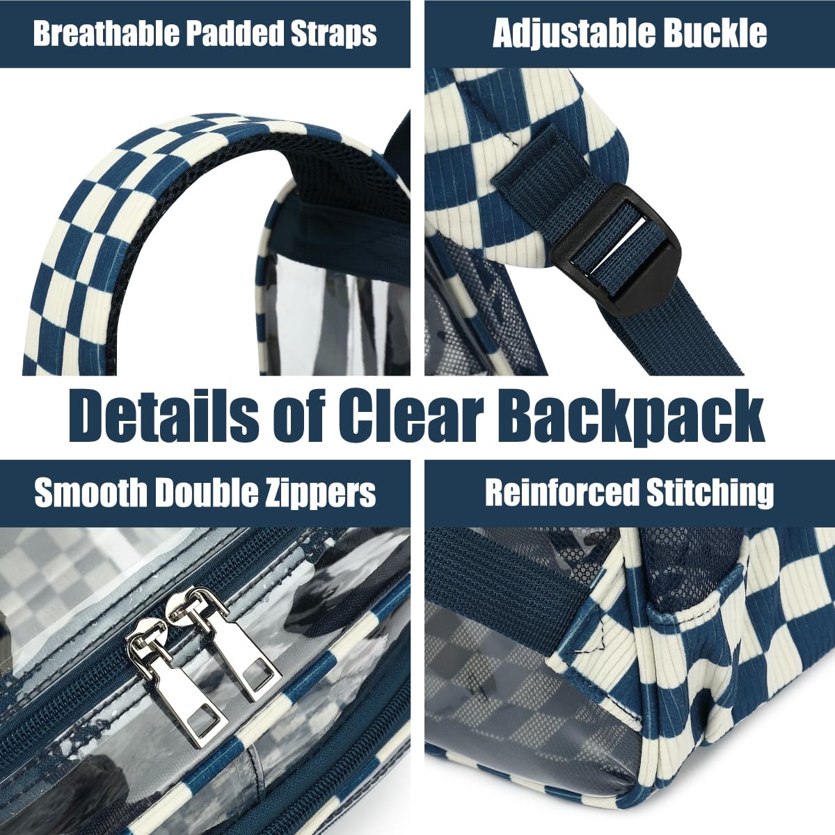 Transparenter Rucksack für Jungen und Mädchen, strapazierfähig, transparente PVC-Tasche für Schule, Reisen, Arbeit und den täglichen Gebrauch, Kariertes Marineblau, 16.5x6.30x11.80 inches