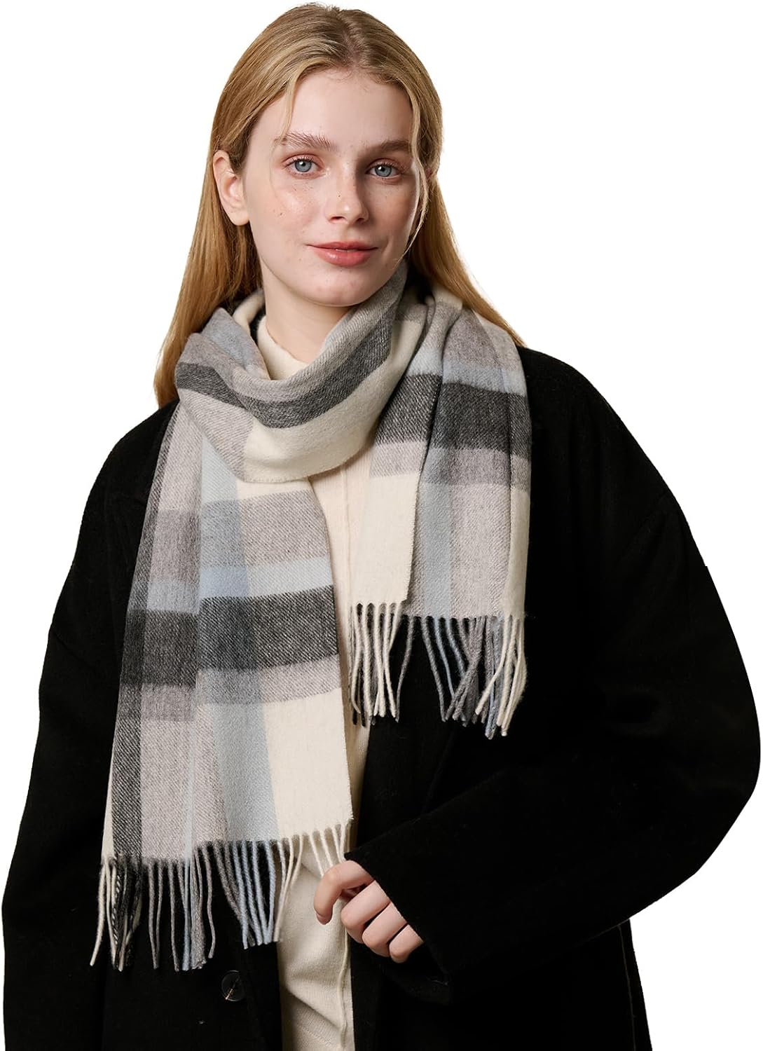 100% Merino Wool Plaid Tassel Scarf for Women and Men, Winter Warm Long Scarves, Large Travel Blanket Scarf Wrap in Gift Box - Image 2