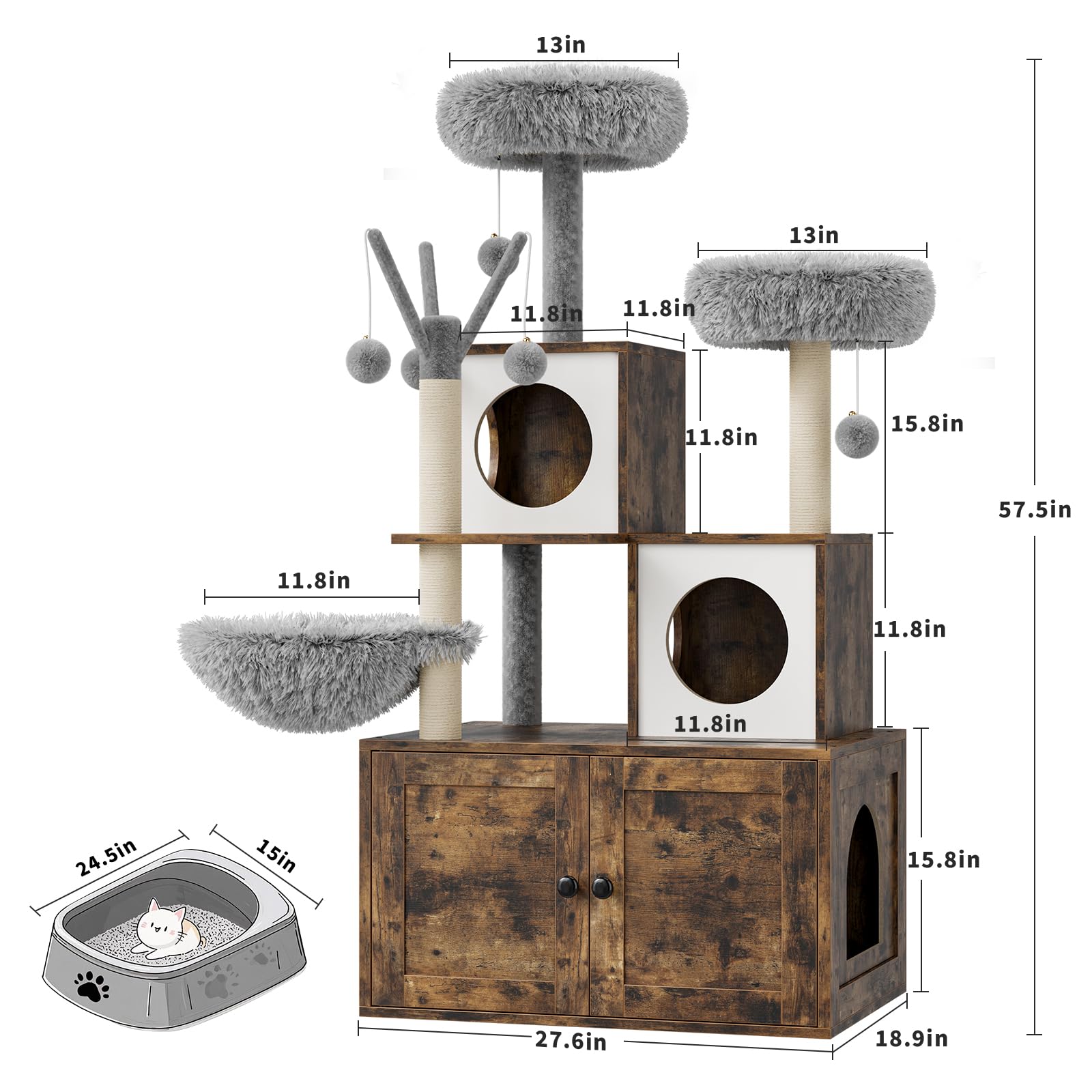 Recinto Per Lettiera Con Torre Tiragraffi, Mobile Per La Toilette Del Gatto Con Tiragraffi e Trespolo Imbottito, Mobile in Legno Per Gatti Con Piattaforme Multiple