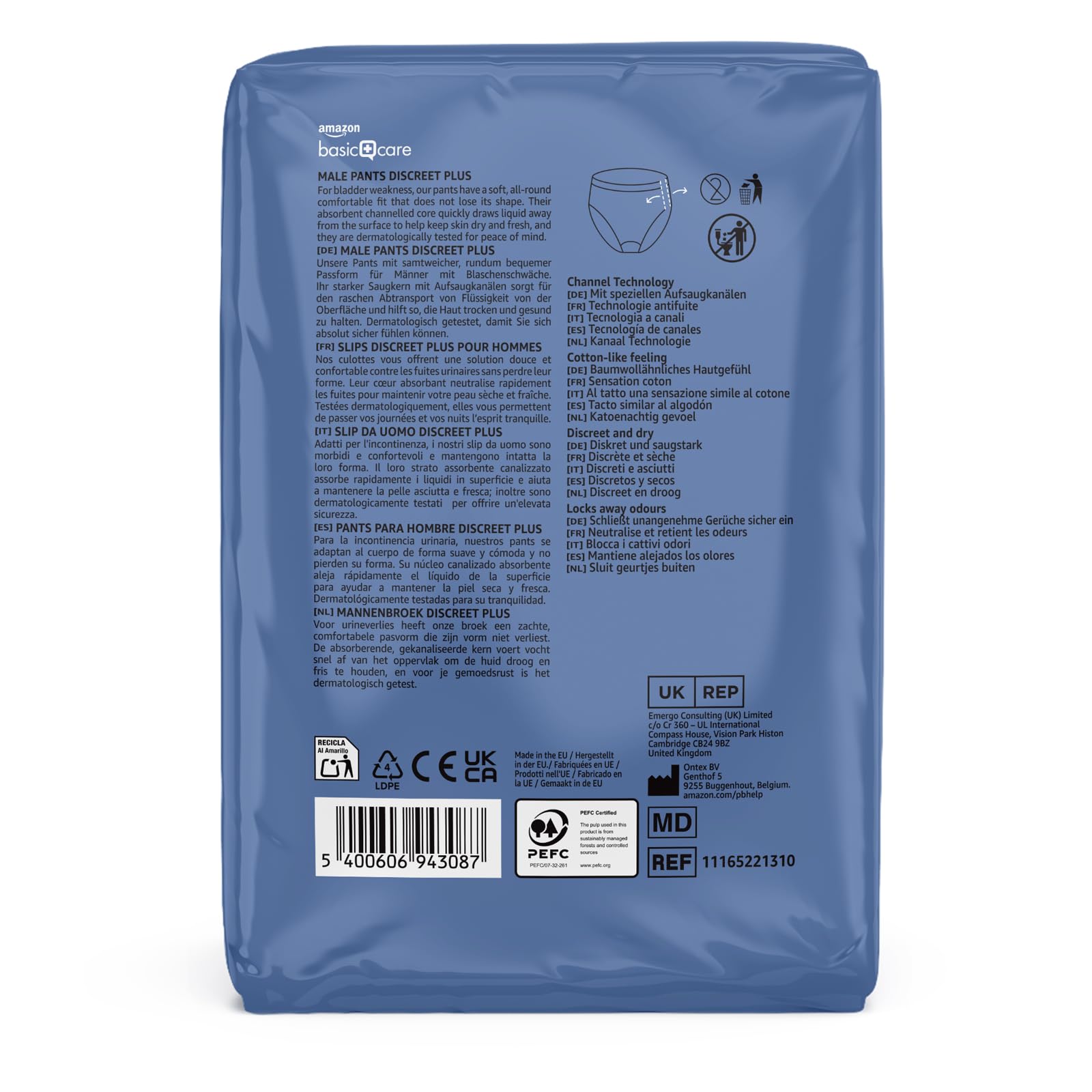 Amazon Basic Care Slip Assorbenti Uomo M Plus - 40 pezzi (4 confezioni da 10), Blu