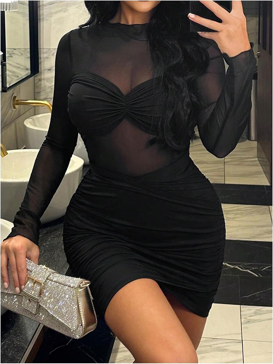 Floerns Women's Long Sleeve Mock Neck Party Dress Sheer Mesh Bodycon Mini Dresses