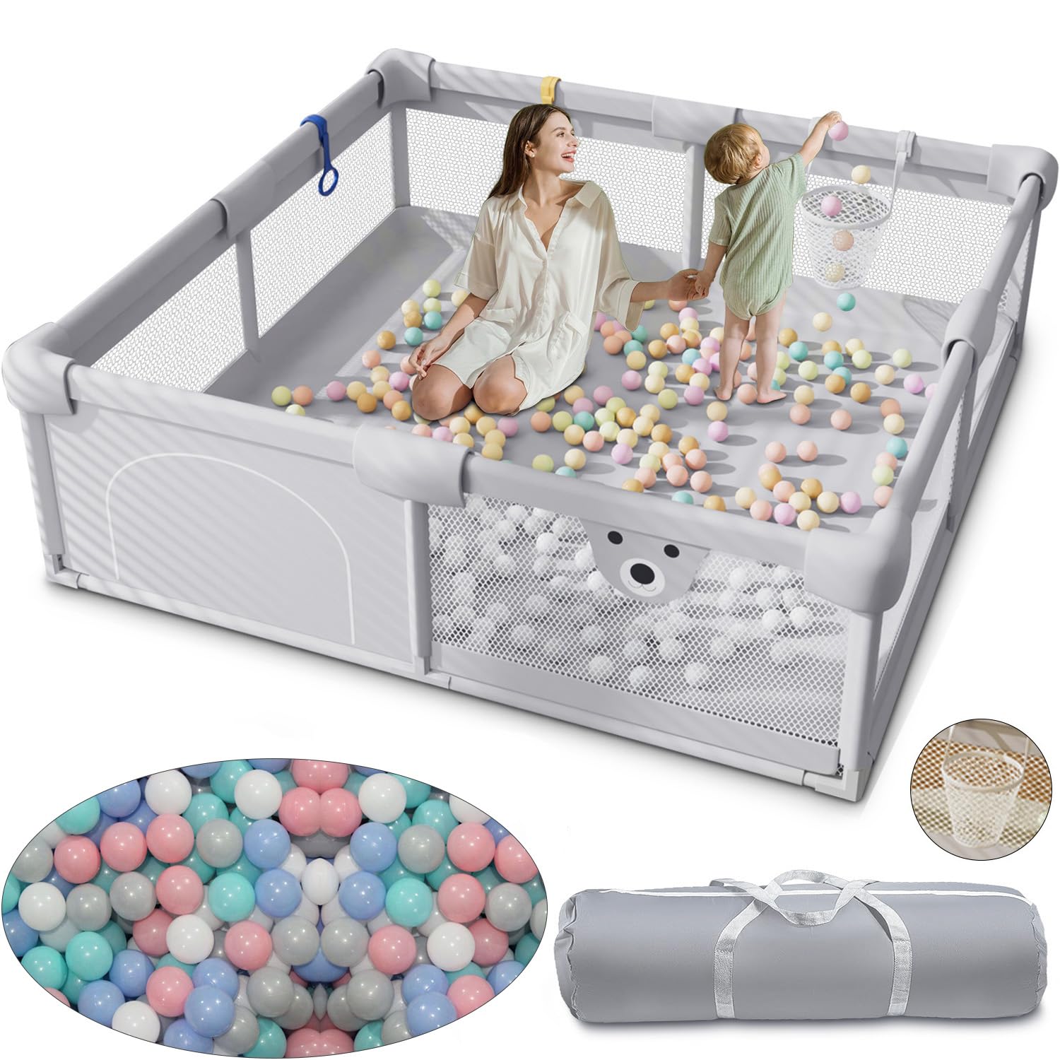 Parque Infantil Bebe 180x150 cm, Parque bebe con 2 Anillas, 50 bolas oceánicas, 1 aro de baloncesto, Corralito Bebe con Malla Transpirable – Corralito bebe plegable con Ventosa antideslizante (Gris)