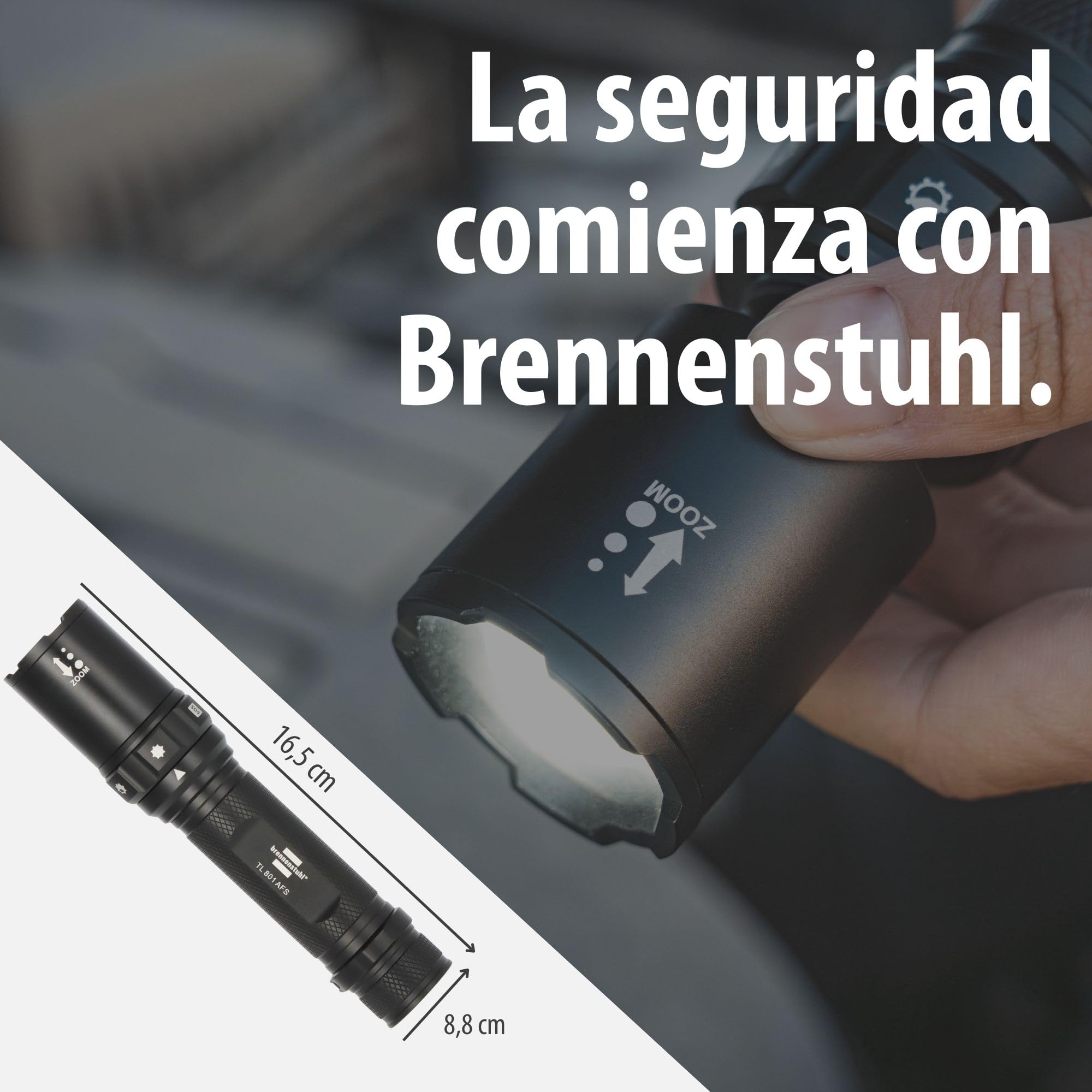 Brennenstuhl Linterna LED recargable con selector de foco TL 801 AFS IP44 (800lm, 230m, enfocable, máx. 42h, 6 modos incl. SOS y estroboscópico, Lámpara para exteriores IP44 incl. cable USB C)